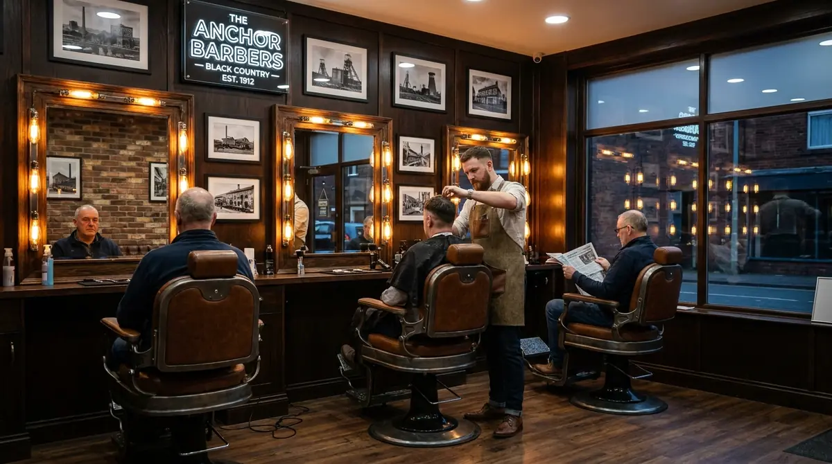 Barber finishing a cut in a modern studio