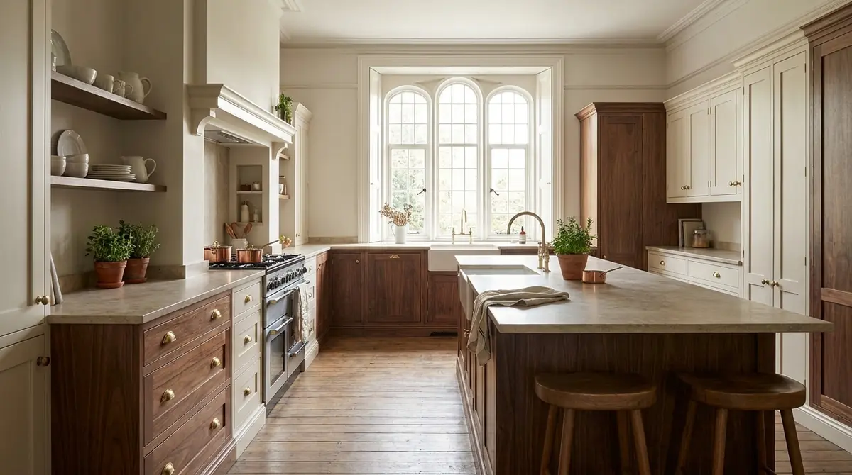 Warm fitted kitchen with timber cabinets and stone worktops