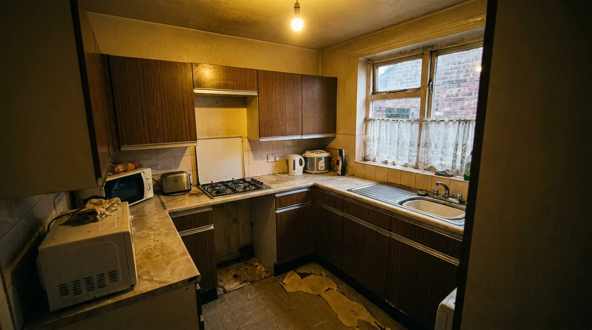 Kitchen after redesign with light cabinets, island and warm timber details