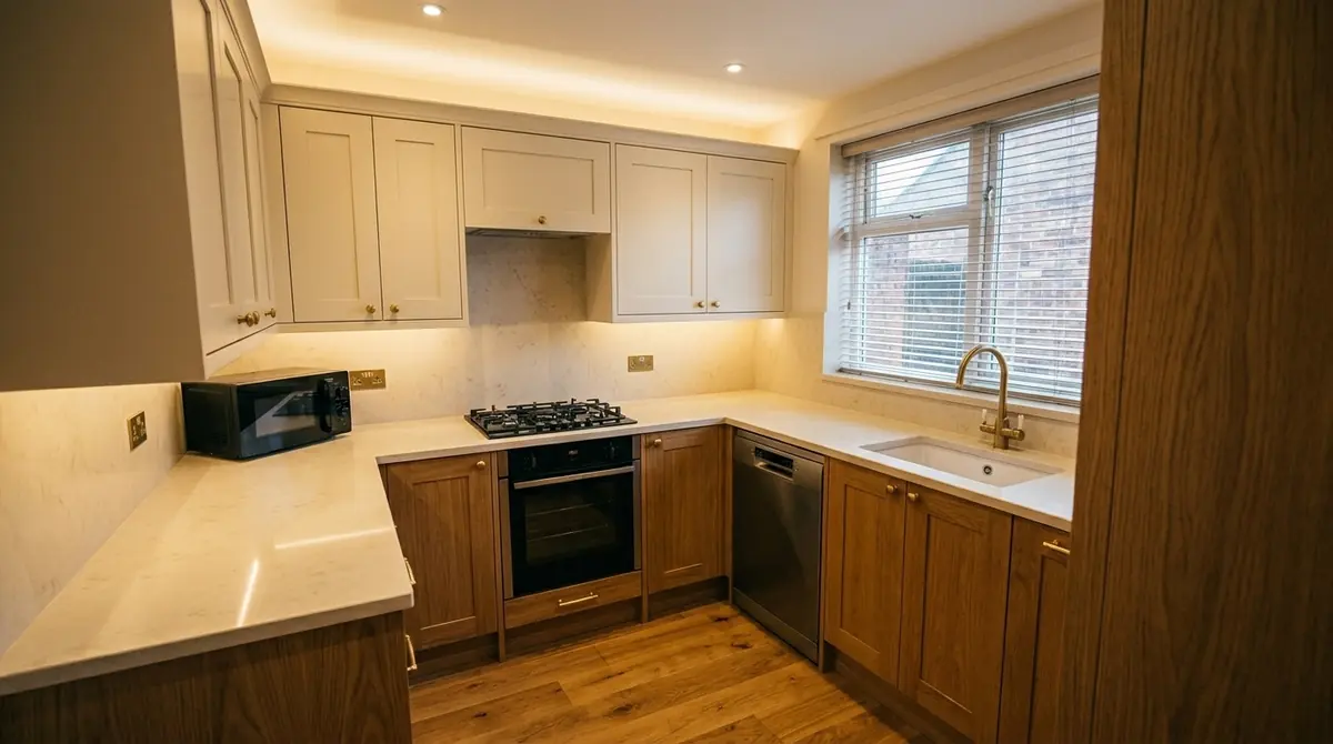 Kitchen before redesign with dark cabinets and limited worktop space