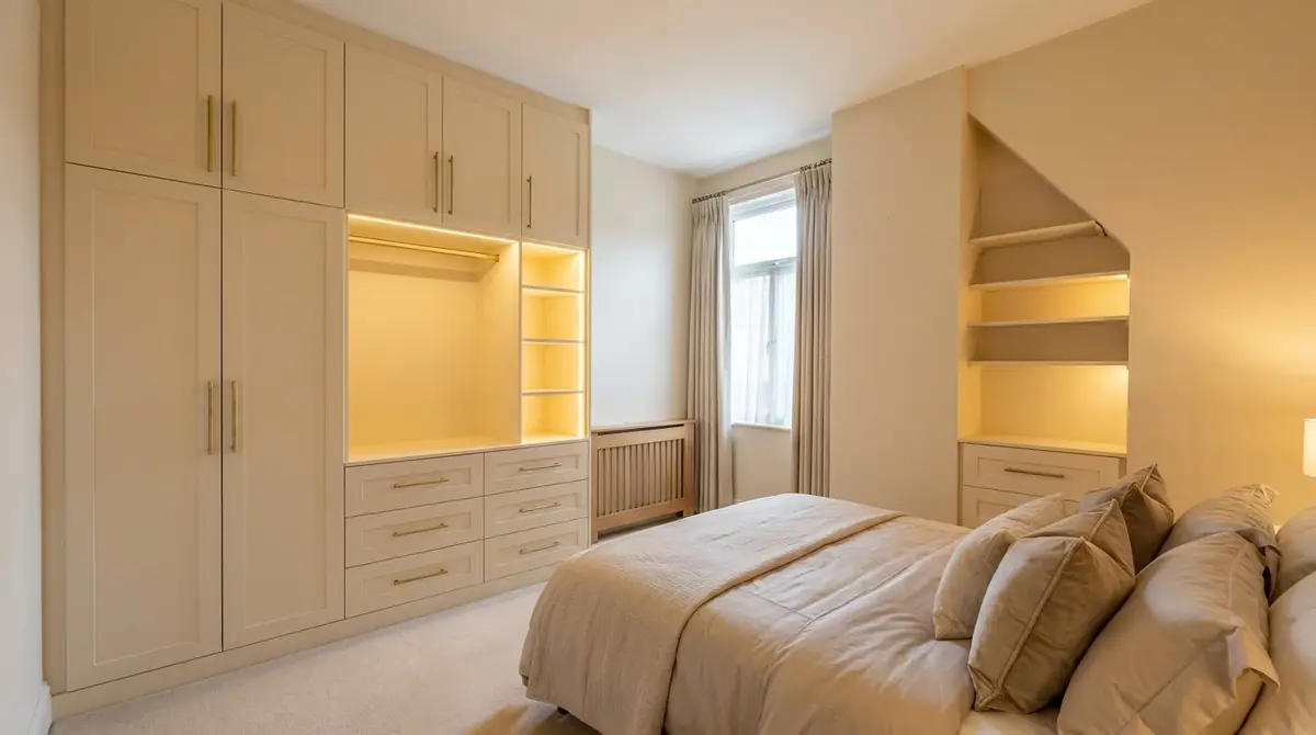 Bedroom before fitted storage with freestanding furniture