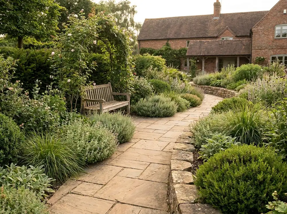 Curved garden path through layered planting