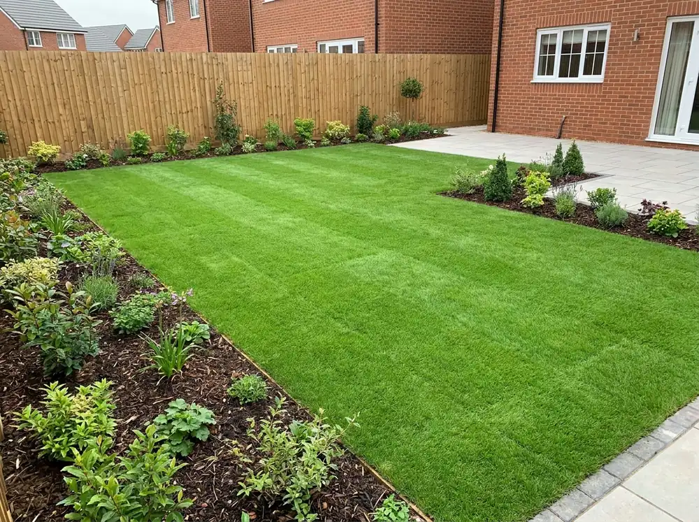 Freshly laid lawn with neat planting border