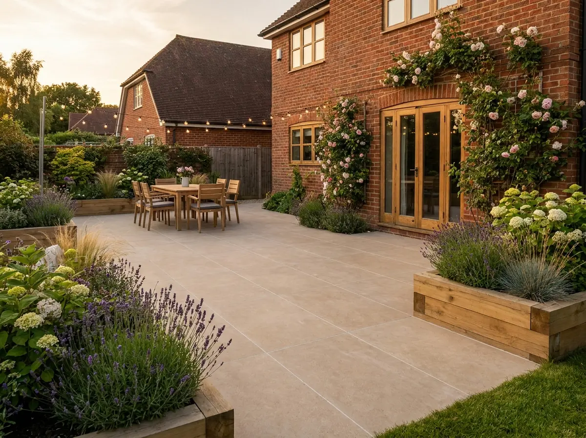 Porcelain patio beside a UK home with border planting
