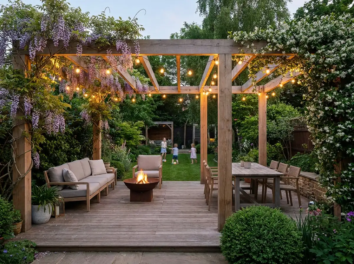 Timber pergola and deck with climbing plants and festoon lighting
