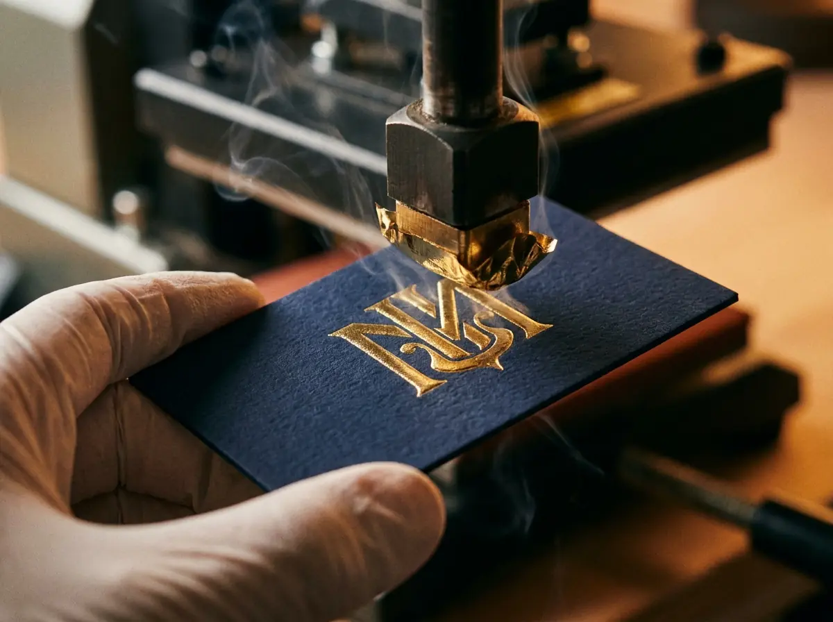 Gold foil embossing on a navy business card