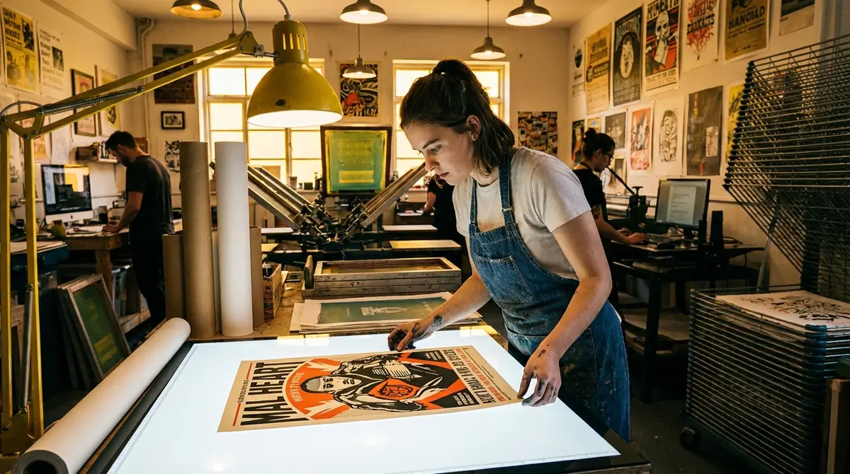 Customer examining a large printed poster