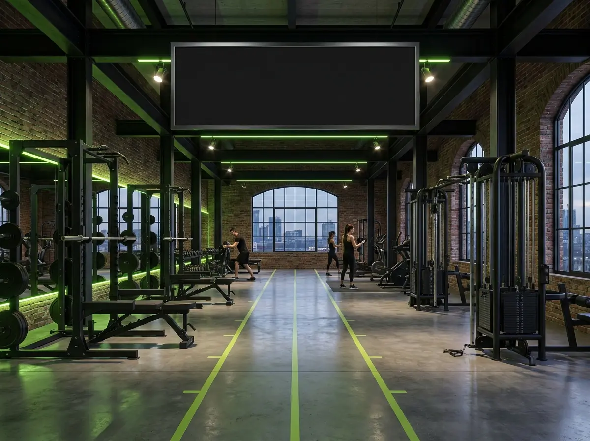 Ironworks Fitness training floor with industrial lighting and equipment