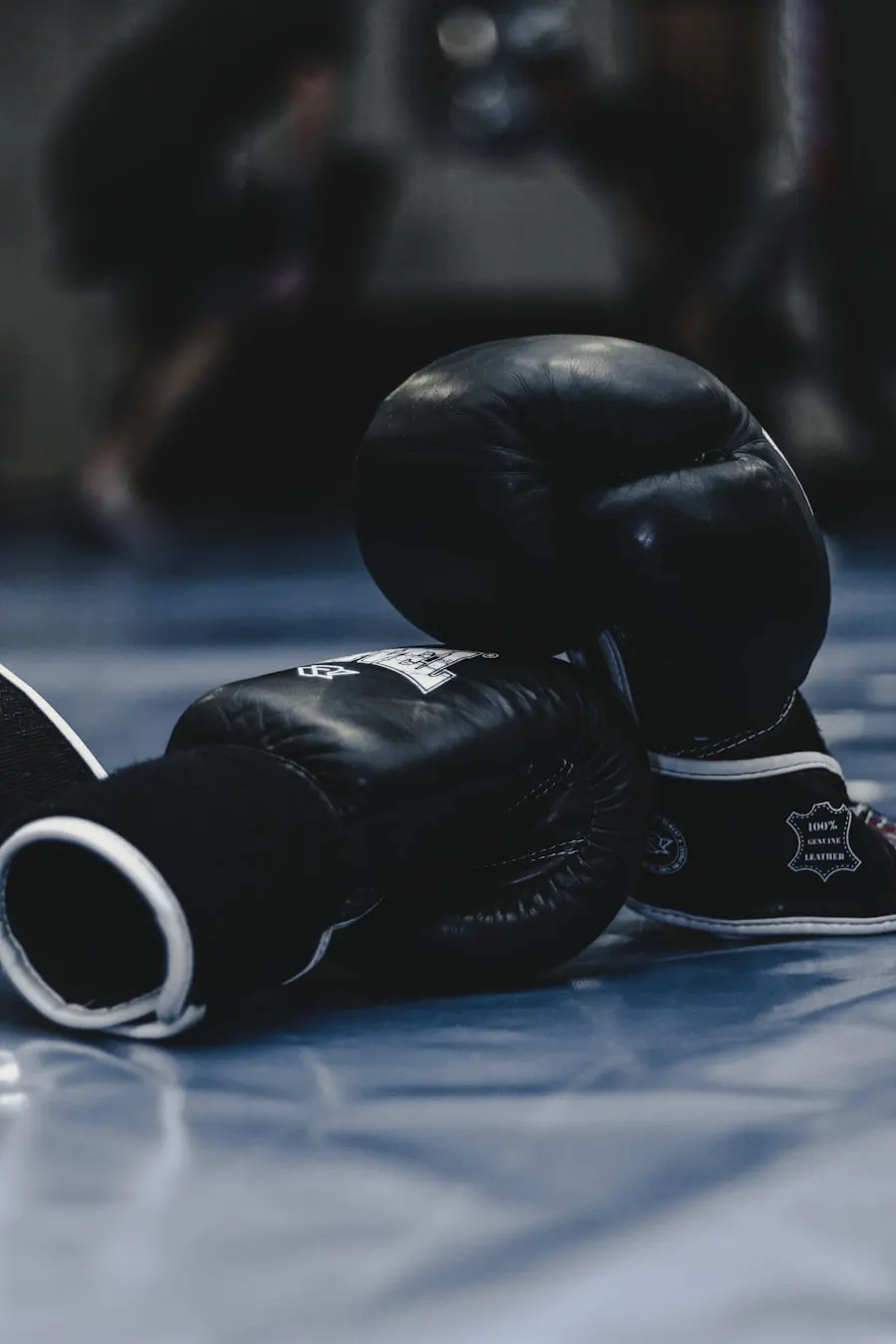 Boxing gloves and punching bag in training area