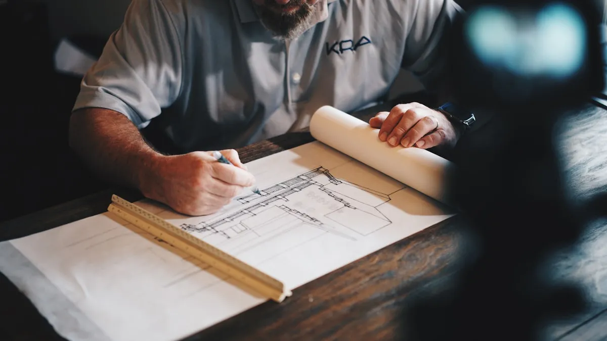 Architectural plans, material samples and measured drawings on a desk