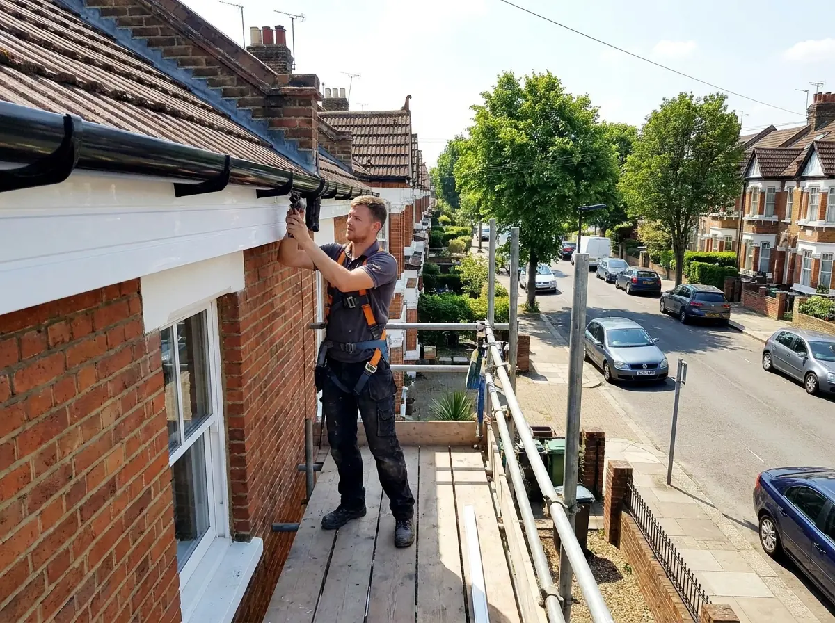 Roofline guttering and downpipe beside painted fascia boards