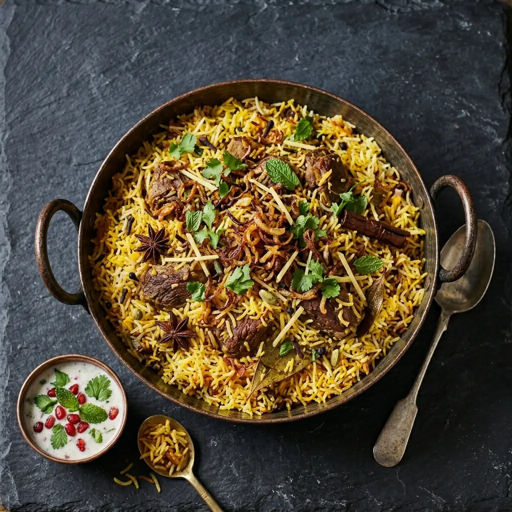 Biryani rice with herbs and grilled chicken